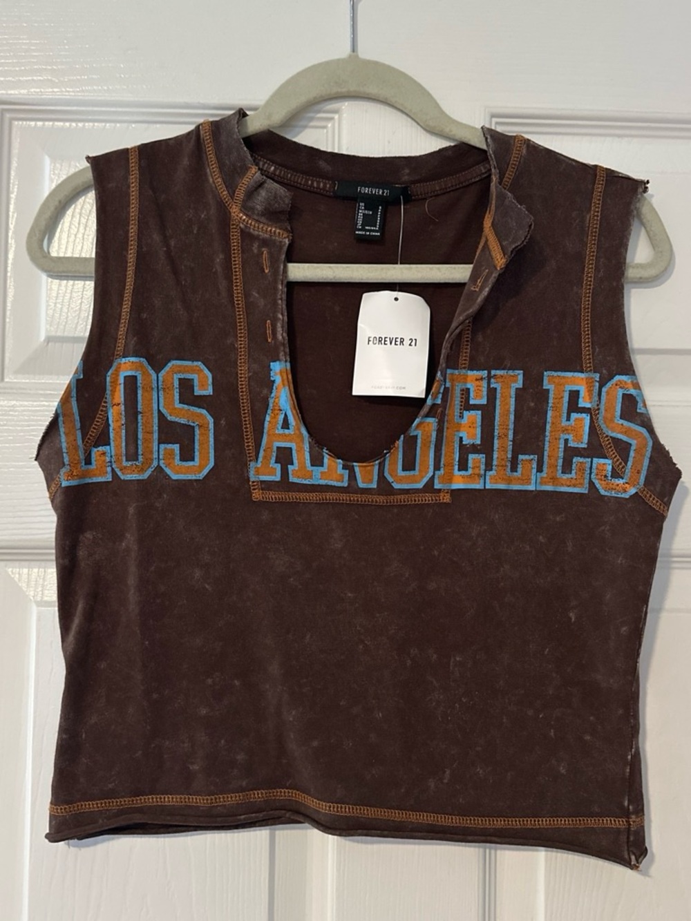Forever 21 Brown Cropped Tank Top with Blue & Orange Lettering